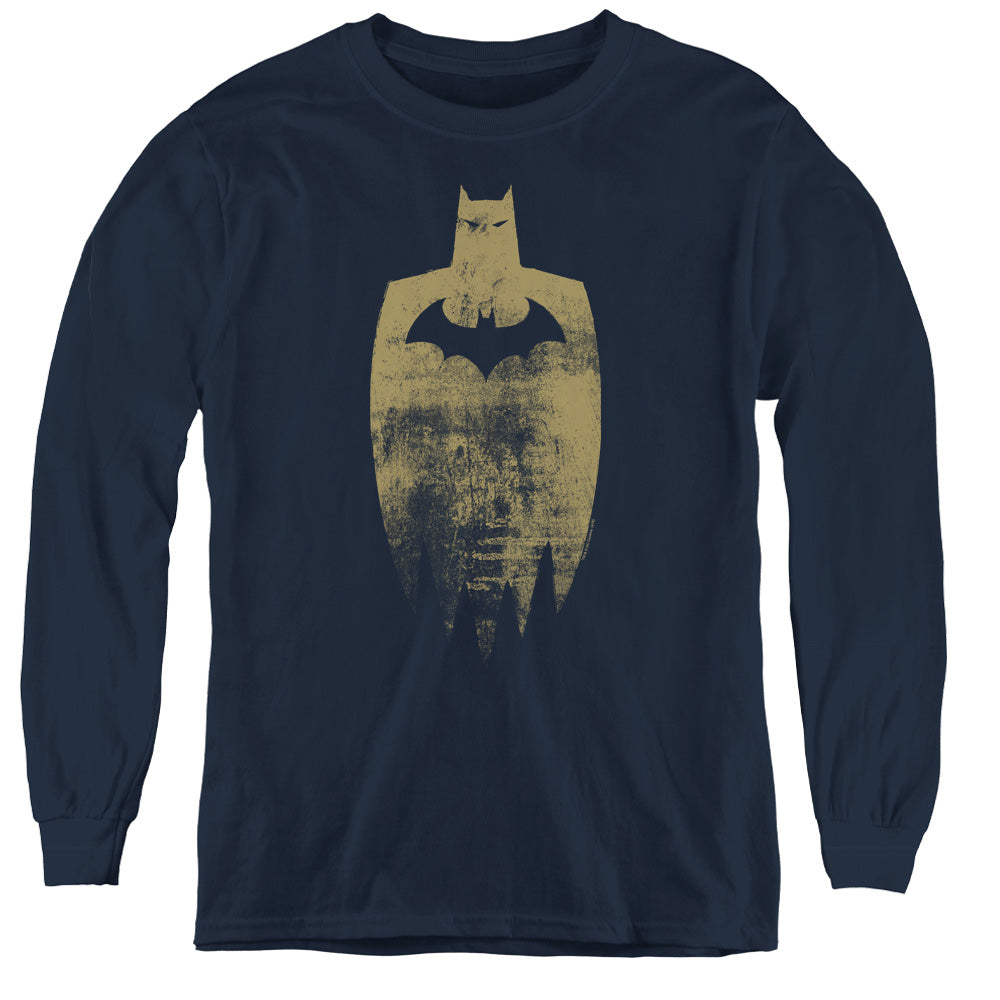 AN OFFCIALLY LICENSED BATMAN GOLD SILHOUETTE YOUTH LONG SLEEVE T-SHIRT NAVY