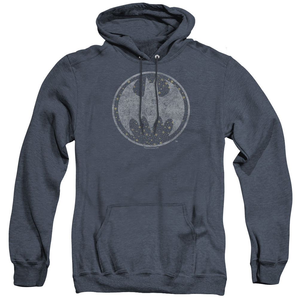 AN OFFCIALLY LICENSED BATMAN STARRY NIGHT SHIELD ADULT UNISEX HEATHER PULLOVER HOODIE NAVY