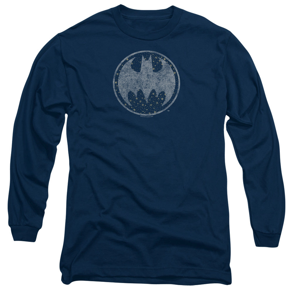 AN OFFCIALLY LICENSED BATMAN STARRY NIGHT SHIELD MEN'S LONG SLEEVE T-SHIRT NAVY