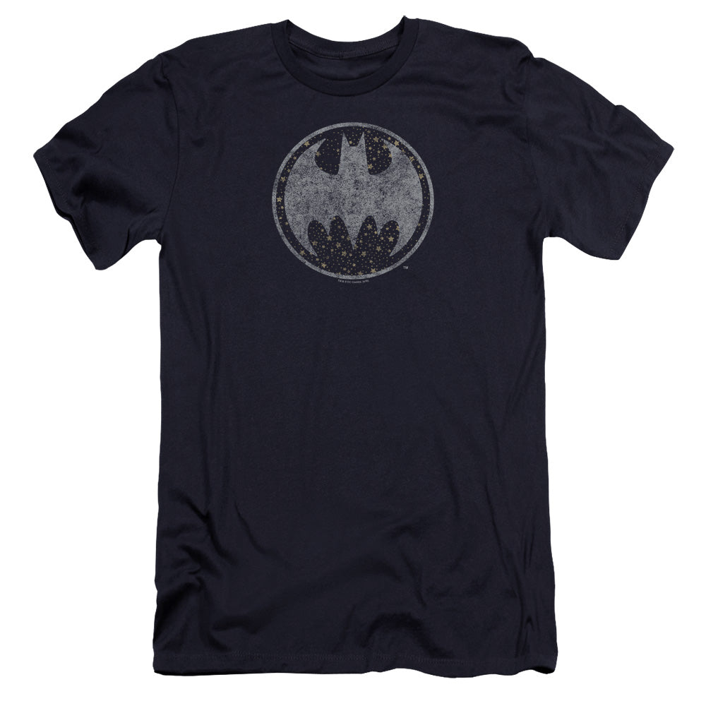 AN OFFCIALLY LICENSED BATMAN STARRY NIGHT SHIELD MEN'S PREMIUM SLIM FIT T-SHIRT NAVY