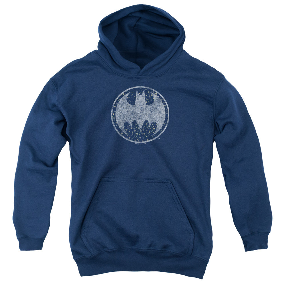 AN OFFCIALLY LICENSED BATMAN STARRY NIGHT SHIELD YOUTH HOODIE NAVY