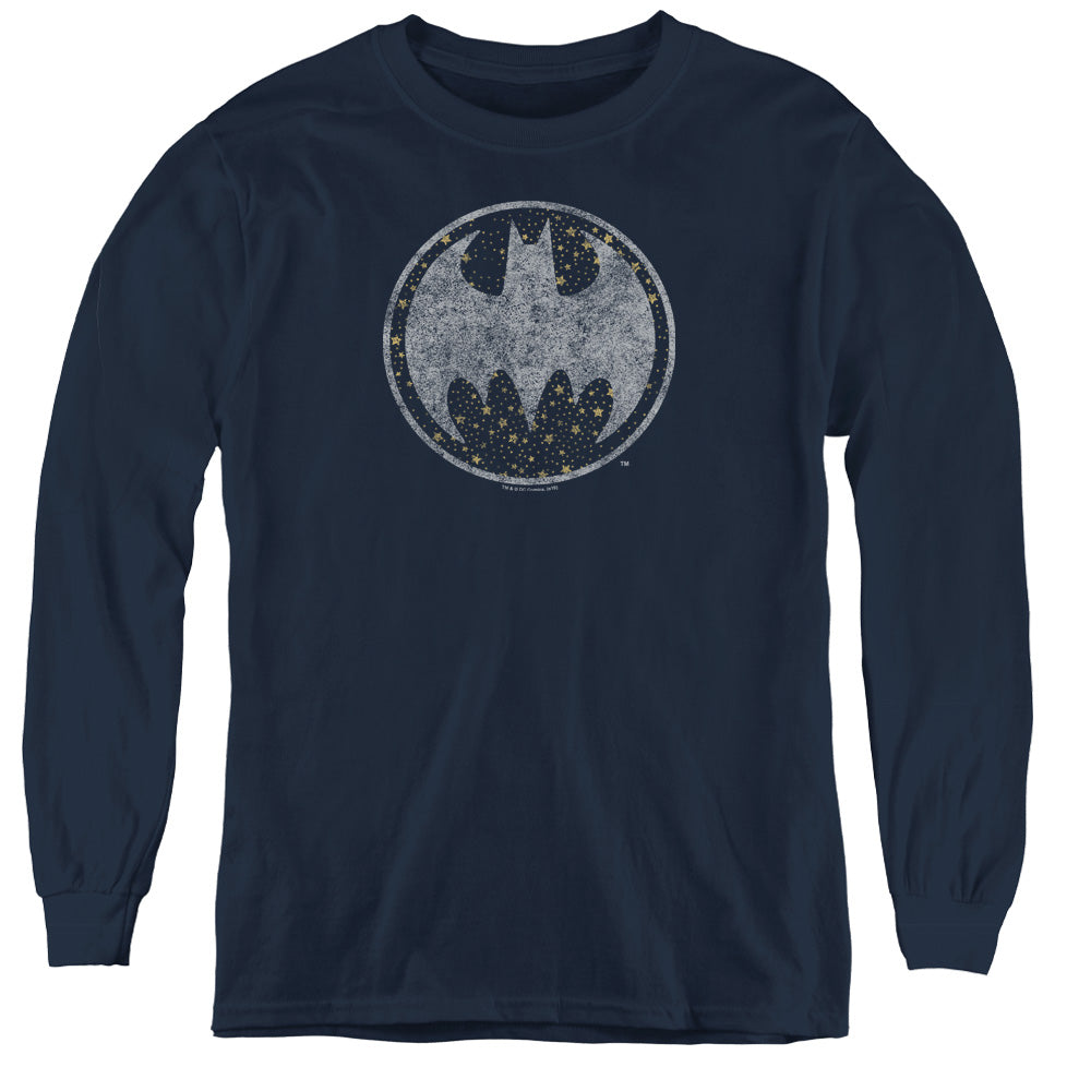 AN OFFCIALLY LICENSED BATMAN STARRY NIGHT SHIELD YOUTH LONG SLEEVE T-SHIRT NAVY