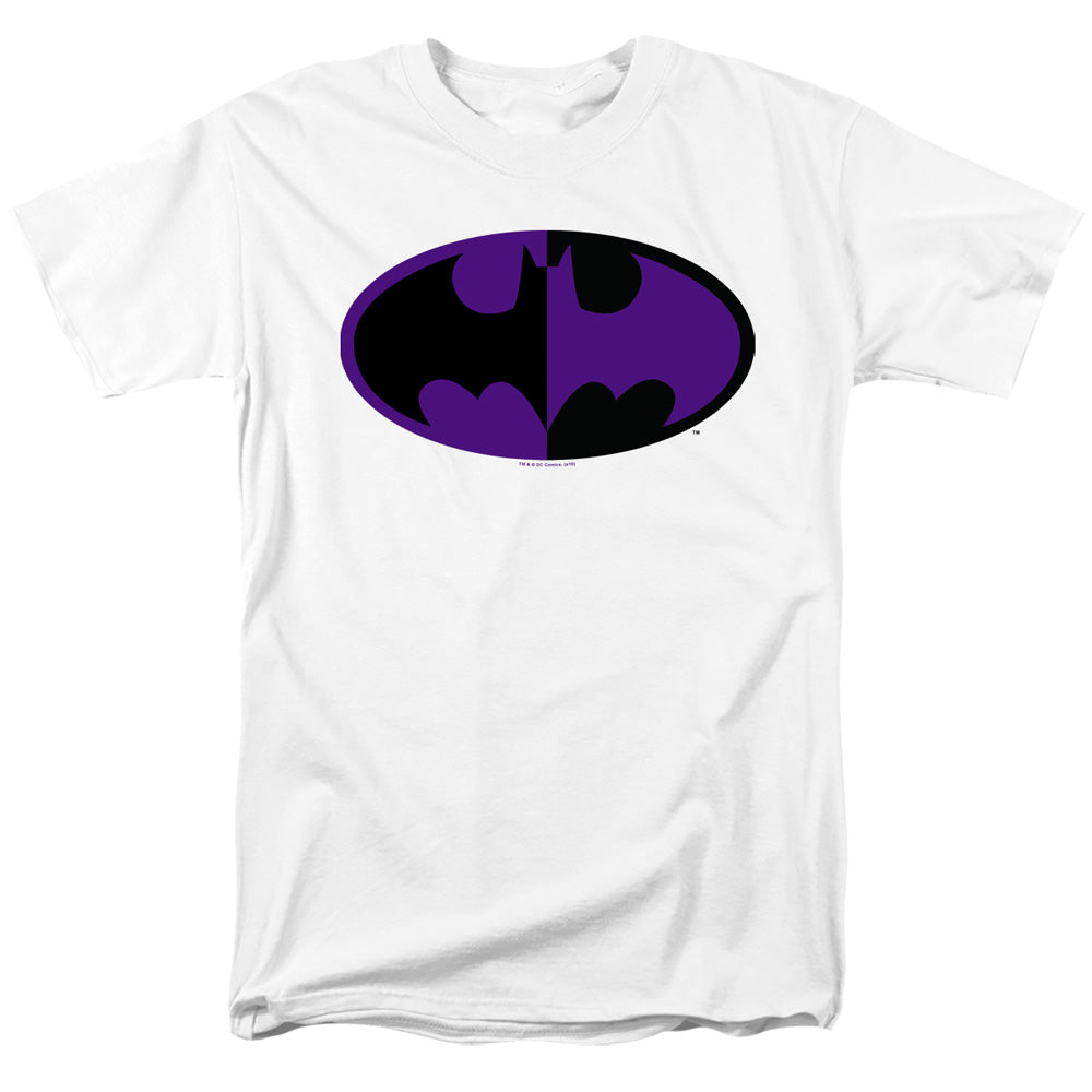 AN OFFCIALLY LICENSED BATMAN SPLIT SYMBOL MEN'S REGULAR FIT T-SHIRT WHITE