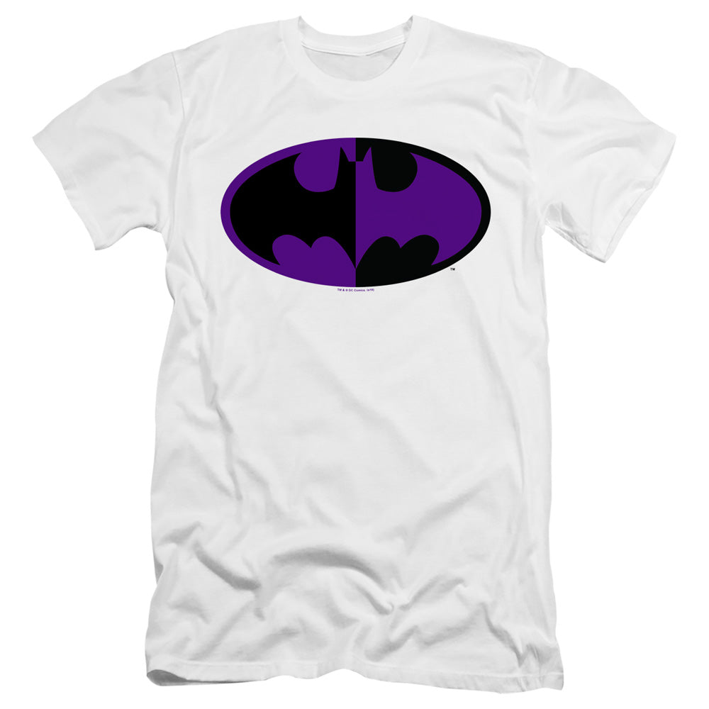 AN OFFCIALLY LICENSED BATMAN SPLIT SYMBOL MEN'S PREMIUM SLIM FIT T-SHIRT WHITE