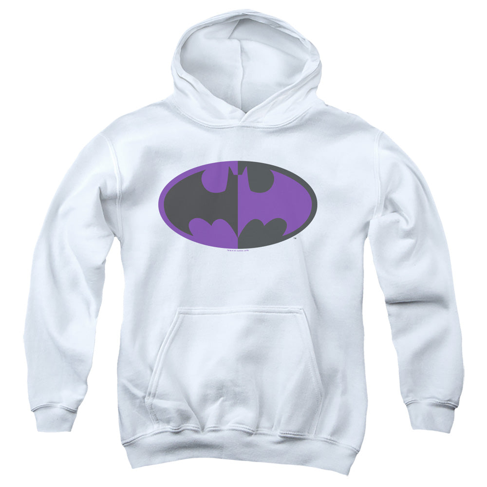 AN OFFCIALLY LICENSED BATMAN SPLIT SYMBOL YOUTH HOODIE WHITE