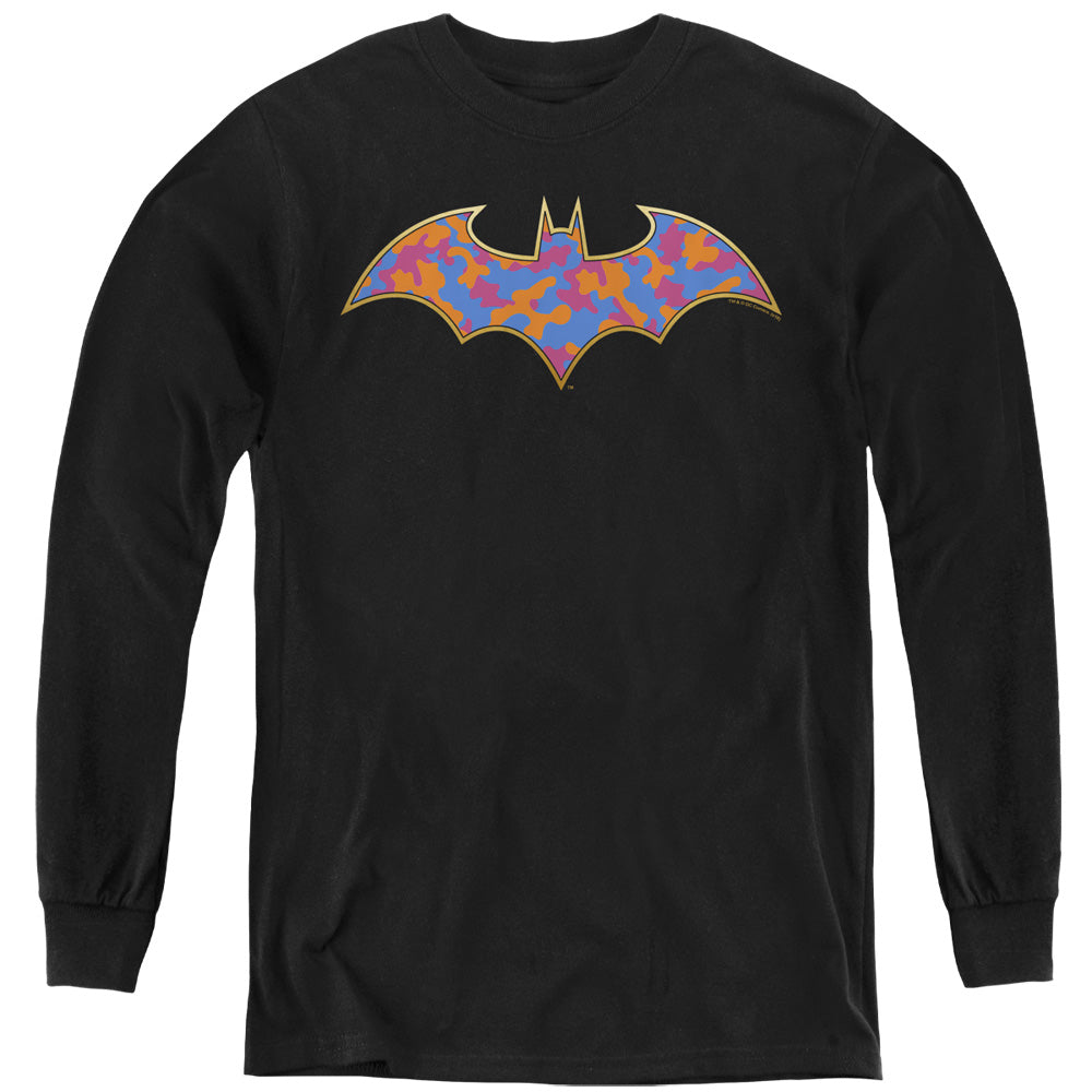 AN OFFCIALLY LICENSED BATMAN GOLD CAMO YOUTH LONG SLEEVE T-SHIRT BLACK