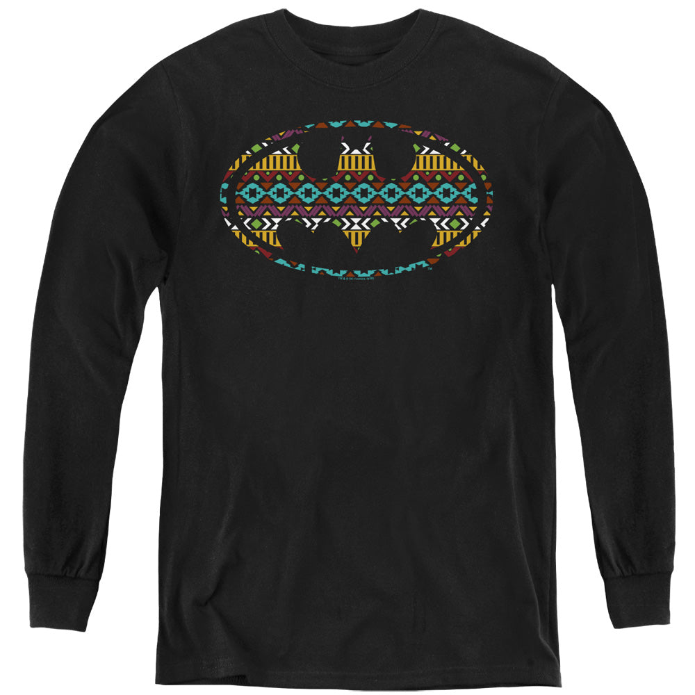 AN OFFCIALLY LICENSED BATMAN AZTEC FILL YOUTH LONG SLEEVE T-SHIRT BLACK