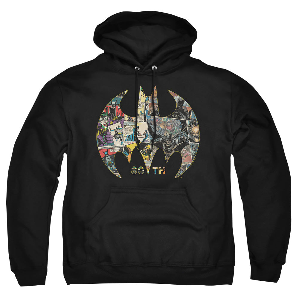 AN OFFCIALLY LICENSED BATMAN 80TH SHIELD ADULT UNISEX PULLOVER HOODIE BLACK