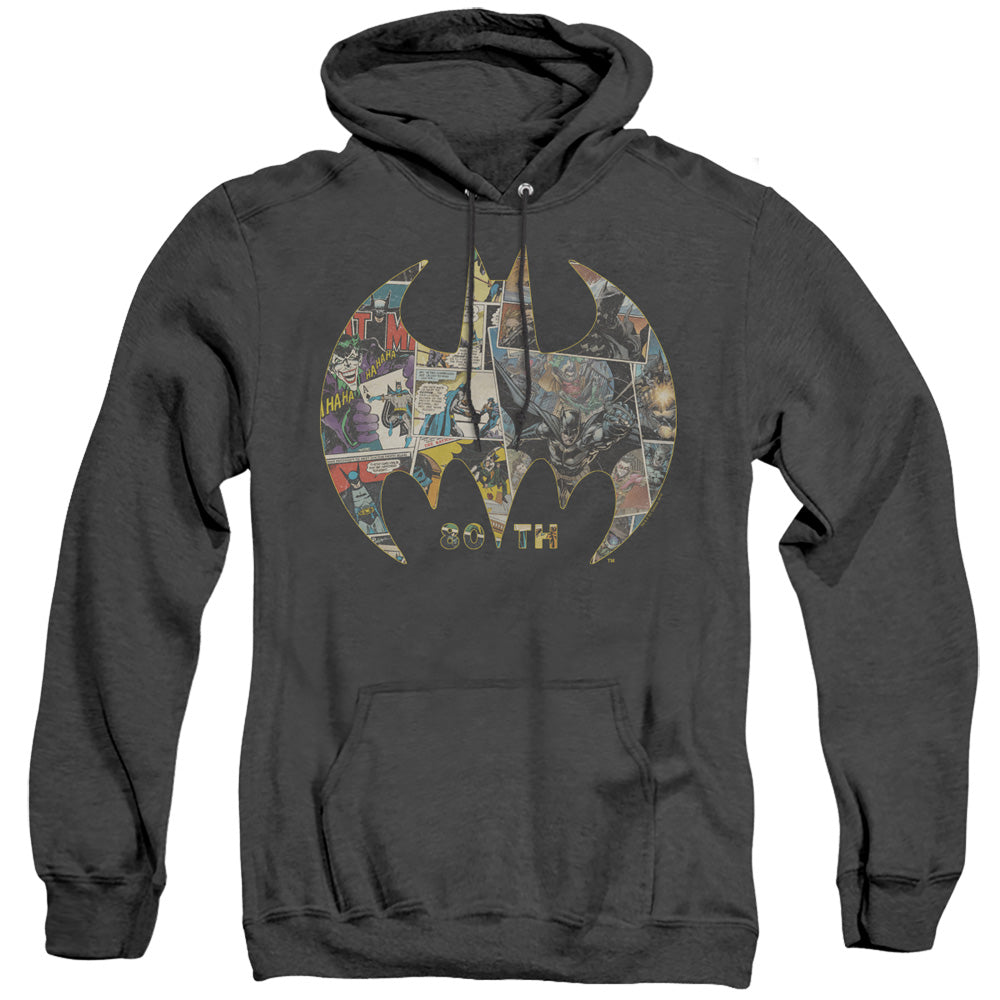 AN OFFCIALLY LICENSED BATMAN 80TH SHIELD ADULT UNISEX HEATHER PULLOVER HOODIE BLACK
