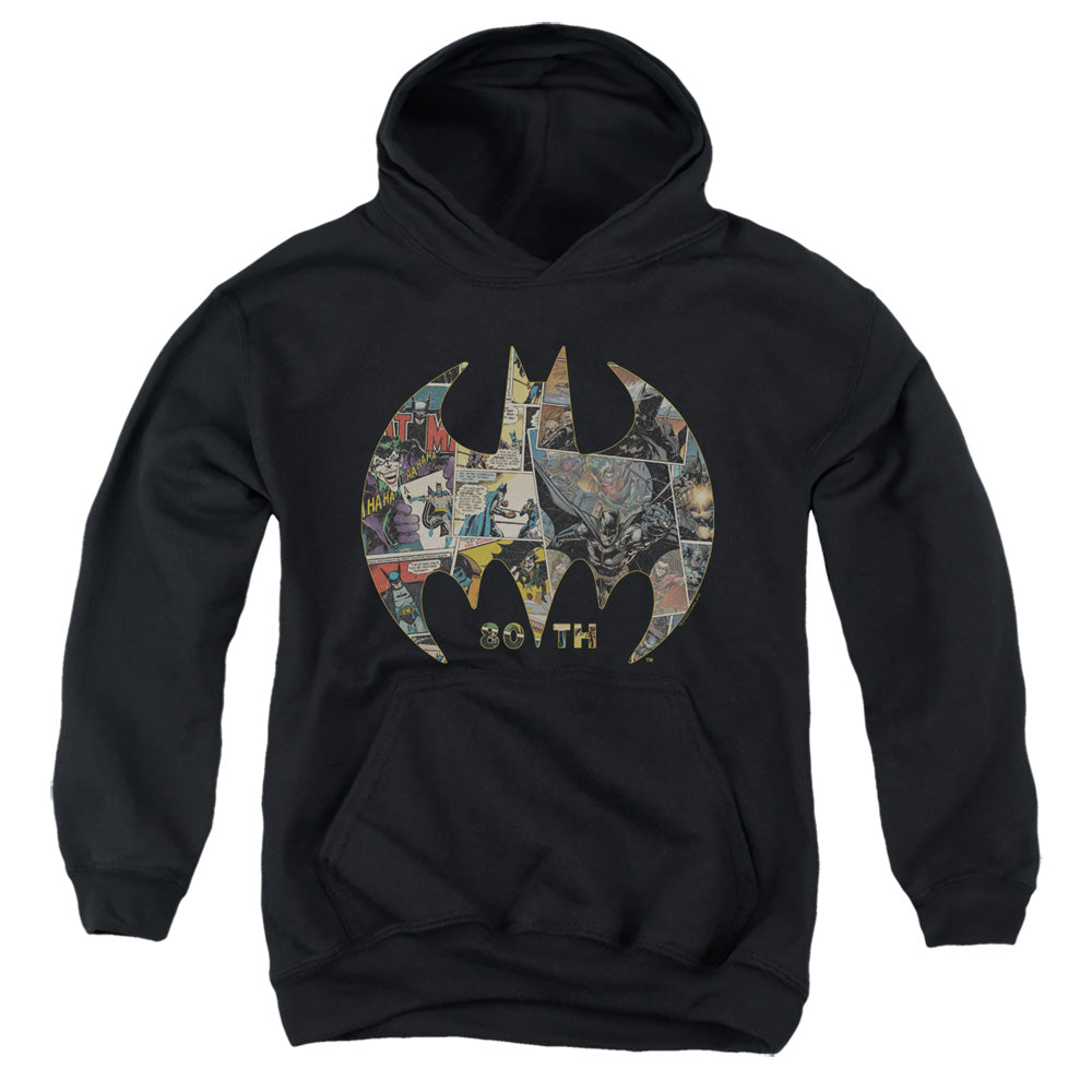 AN OFFCIALLY LICENSED BATMAN 80TH SHIELD YOUTH HOODIE BLACK