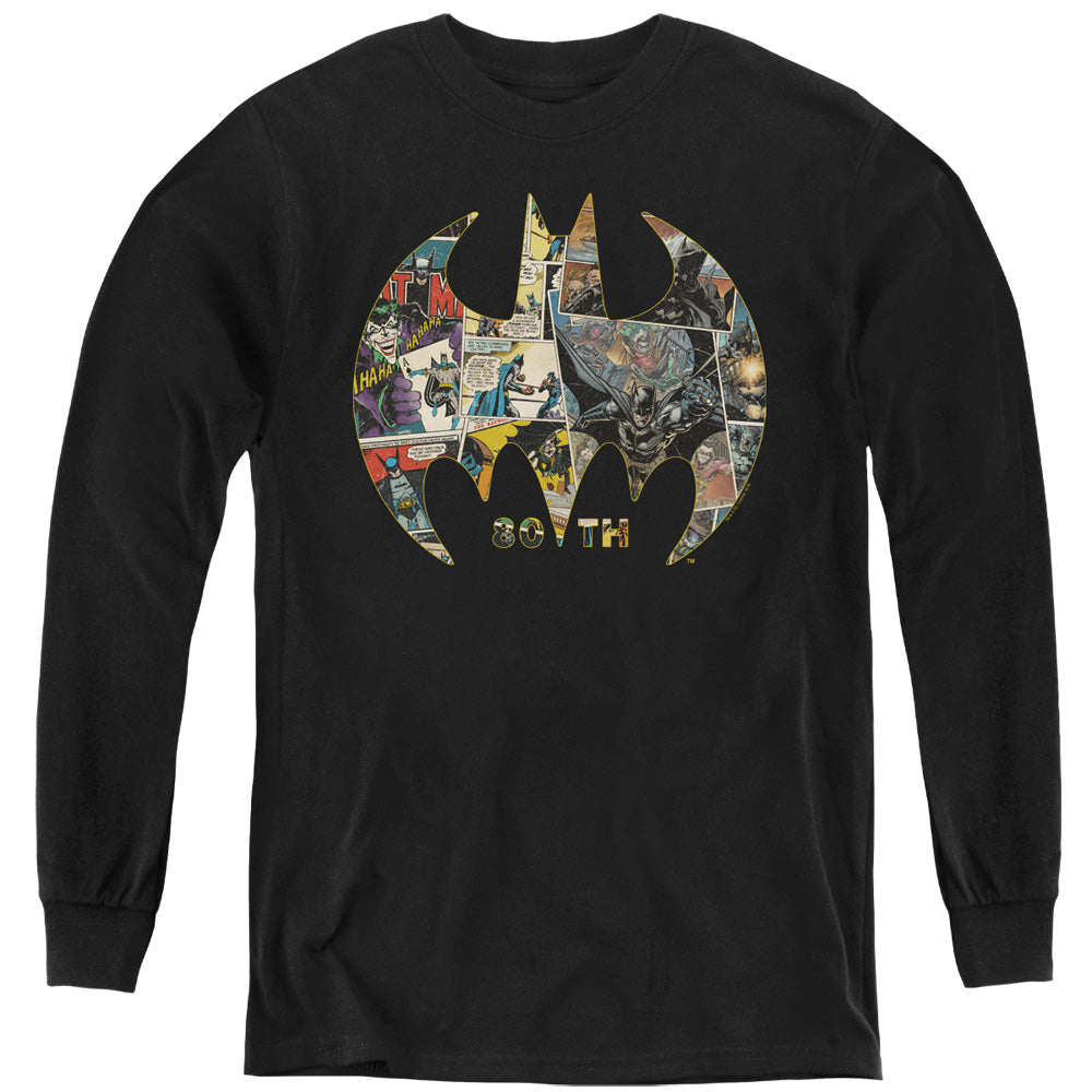 AN OFFCIALLY LICENSED BATMAN 80TH SHIELD YOUTH LONG SLEEVE T-SHIRT BLACK