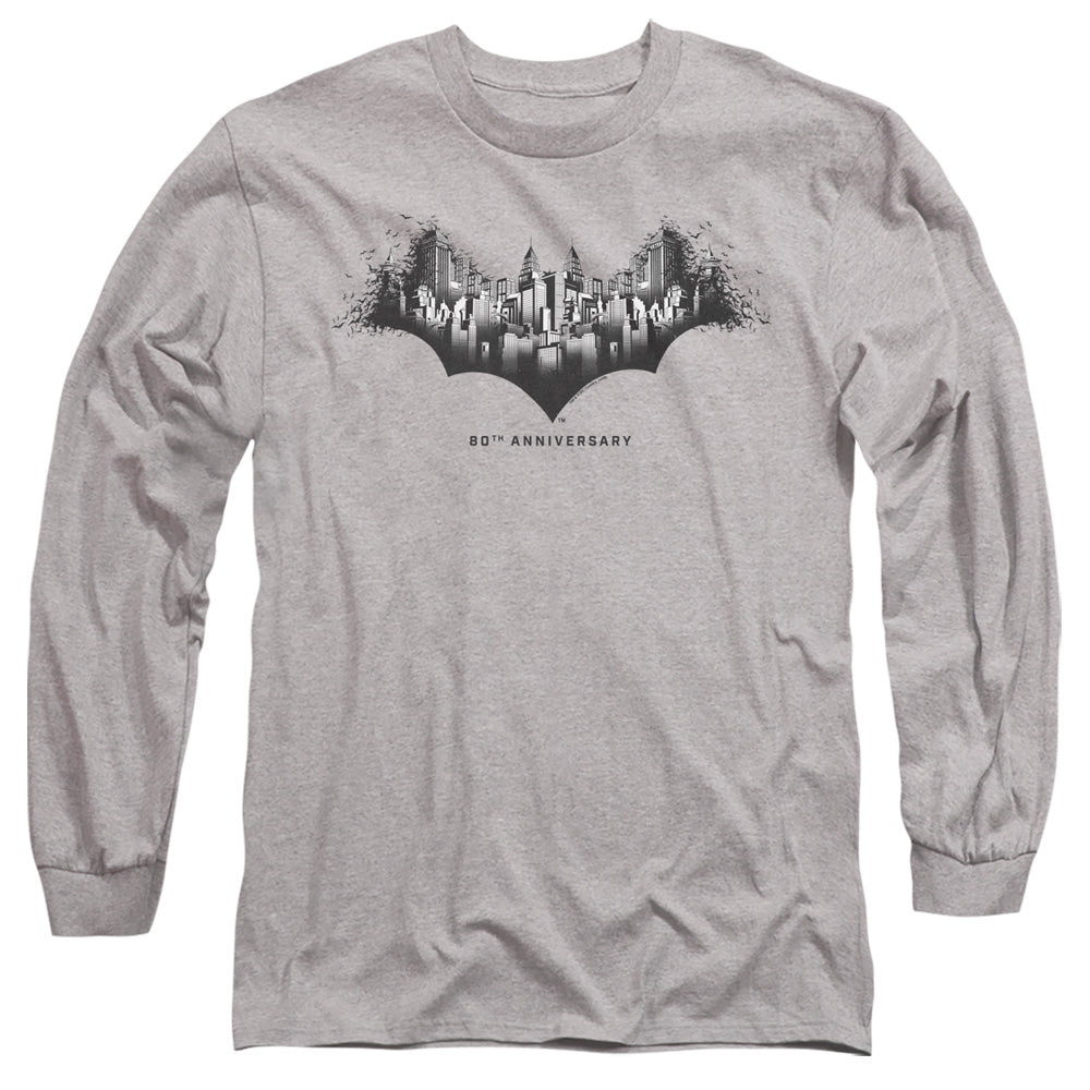 AN OFFCIALLY LICENSED BATMAN GOTHAM SHIELD MEN'S LONG SLEEVE T-SHIRT ATHLETIC HEATHER