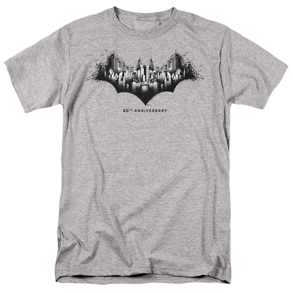 AN OFFCIALLY LICENSED BATMAN GOTHAM SHIELD MEN'S REGULAR FIT T-SHIRT ATHLETIC HEATHER