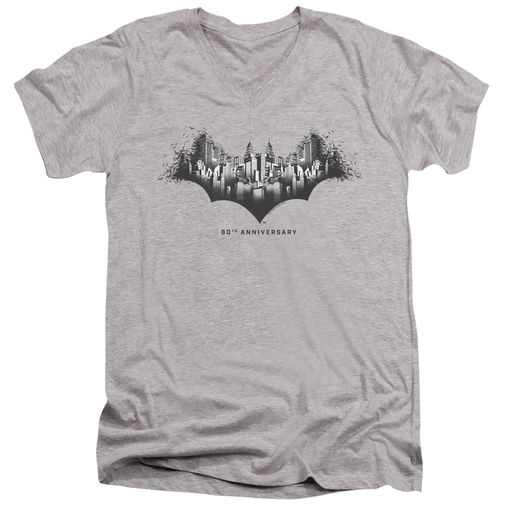 AN OFFCIALLY LICENSED BATMAN GOTHAM SHIELD MEN'S V-NECK T-SHIRT ATHLETIC HEATHER