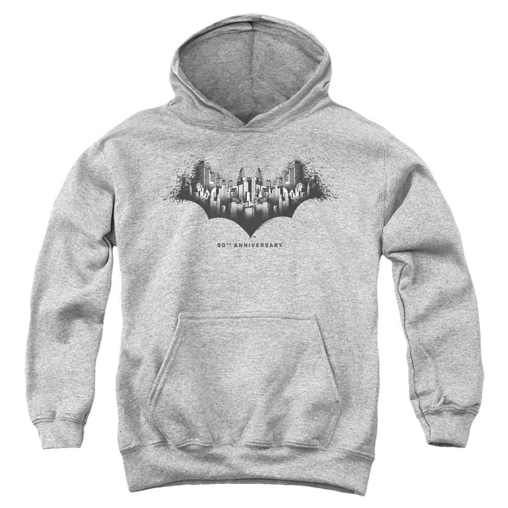 AN OFFCIALLY LICENSED BATMAN GOTHAM SHIELD YOUTH HOODIE ATHLETIC HEATHER