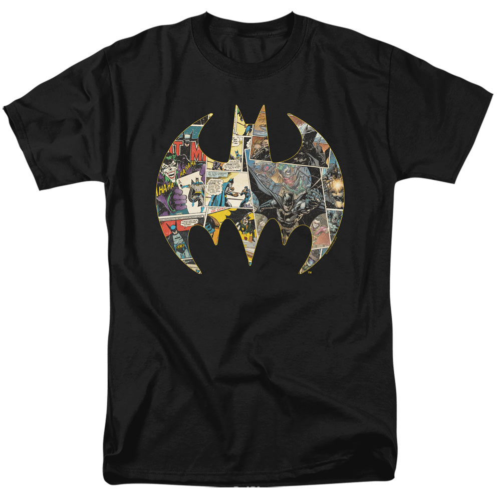 AN OFFCIALLY LICENSED BATMAN COLLAGE SHIELD MEN'S REGULAR FIT T-SHIRT BLACK