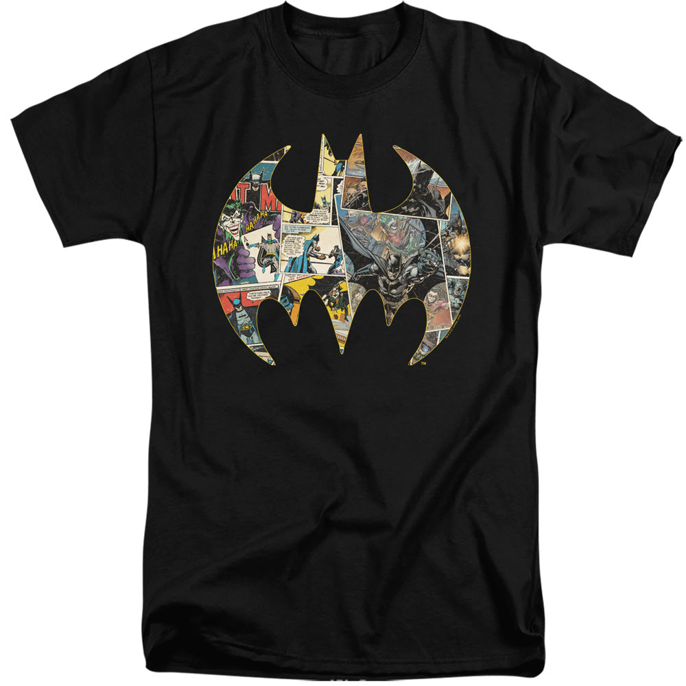 AN OFFCIALLY LICENSED BATMAN COLLAGE SHIELD MEN'S TALL FIT T-SHIRT BLACK