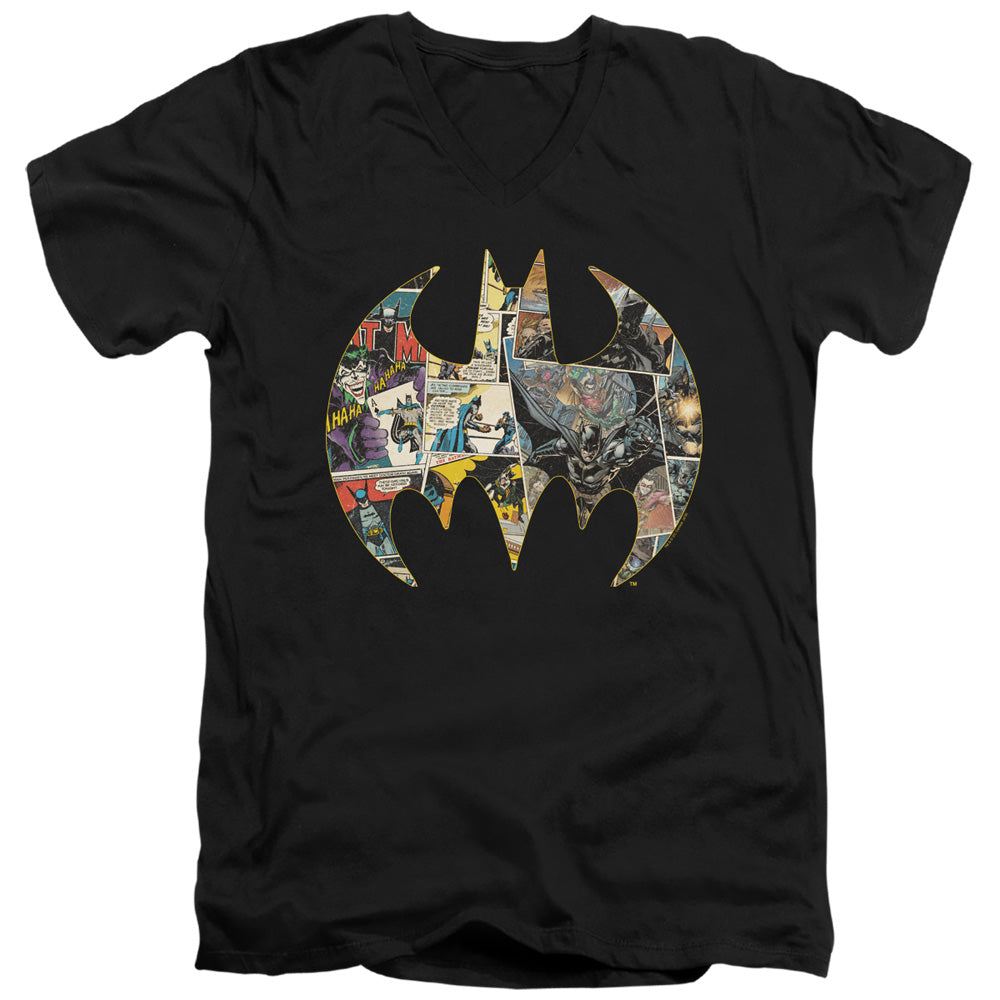 AN OFFCIALLY LICENSED BATMAN COLLAGE SHIELD MEN'S V-NECK T-SHIRT BLACK