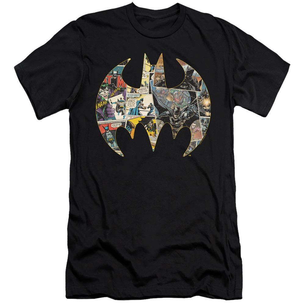 AN OFFCIALLY LICENSED BATMAN COLLAGE SHIELD MEN'S PREMIUM SLIM FIT T-SHIRT BLACK