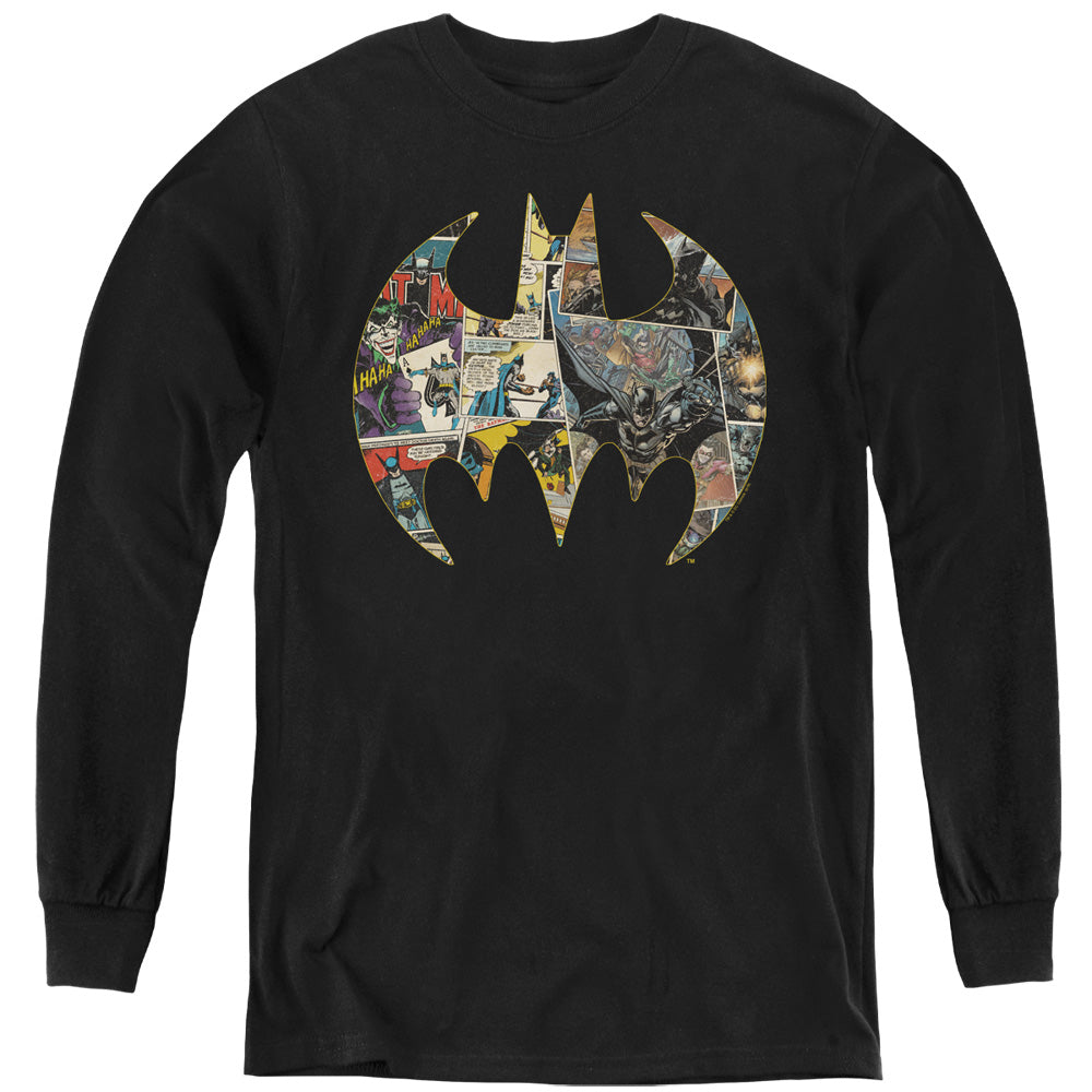 AN OFFCIALLY LICENSED BATMAN COLLAGE SHIELD YOUTH LONG SLEEVE T-SHIRT BLACK