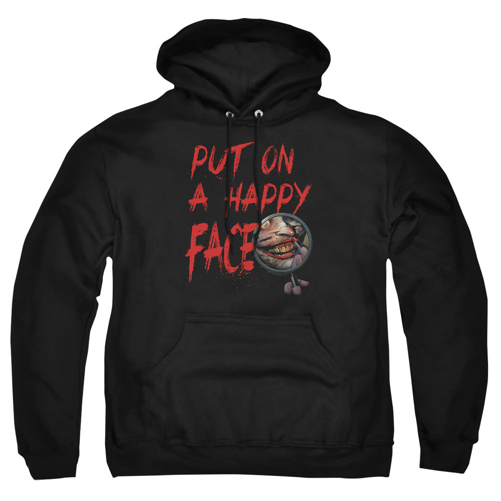 AN OFFCIALLY LICENSED BATMAN HAPPY FACE ADULT UNISEX PULLOVER HOODIE BLACK