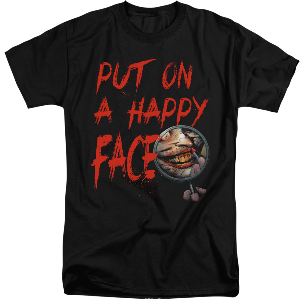 AN OFFCIALLY LICENSED BATMAN HAPPY FACE MEN'S TALL FIT T-SHIRT BLACK