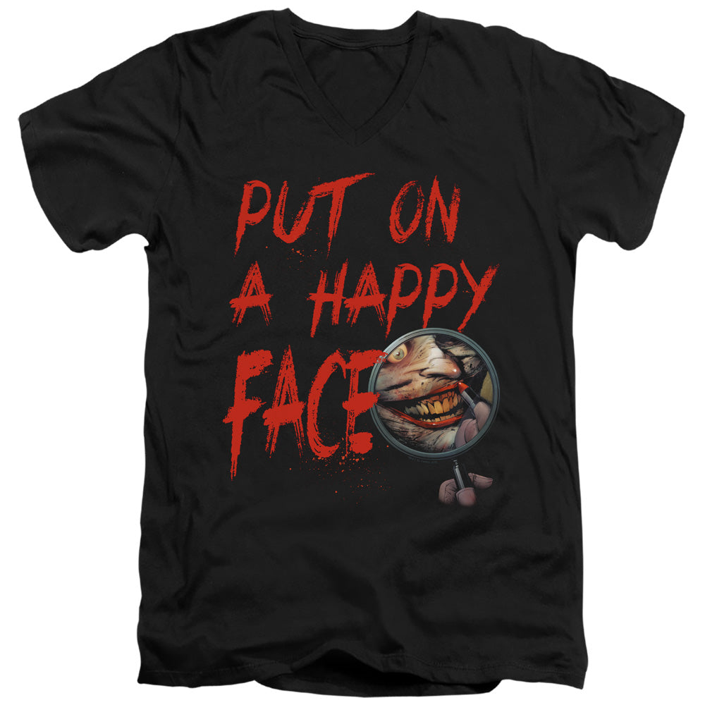 AN OFFCIALLY LICENSED BATMAN HAPPY FACE MEN'S V-NECK T-SHIRT BLACK