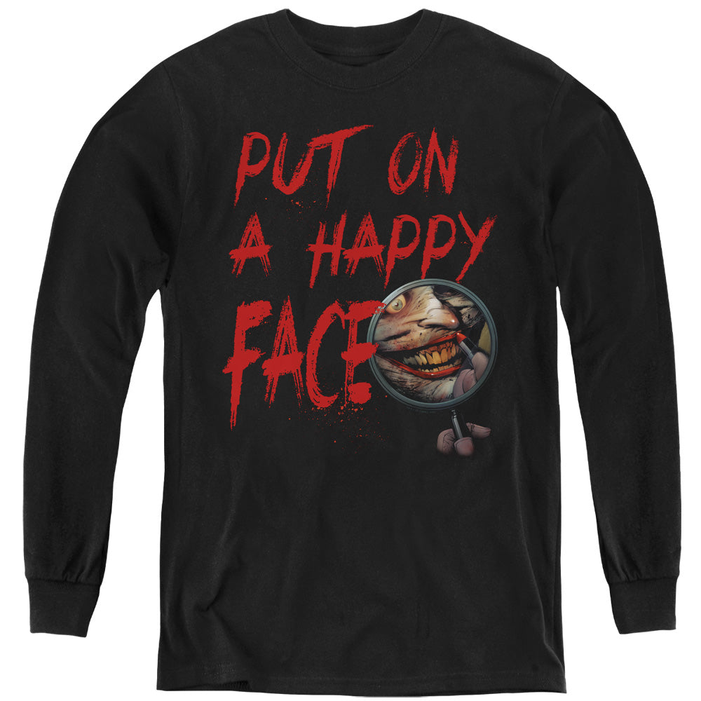 AN OFFCIALLY LICENSED BATMAN HAPPY FACE YOUTH LONG SLEEVE T-SHIRT BLACK