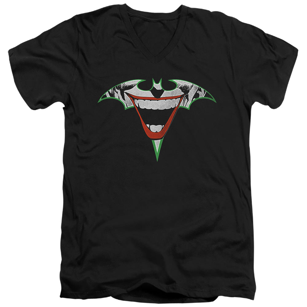 AN OFFCIALLY LICENSED BATMAN JOKER BAT LOGO MEN'S V-NECK T-SHIRT BLACK