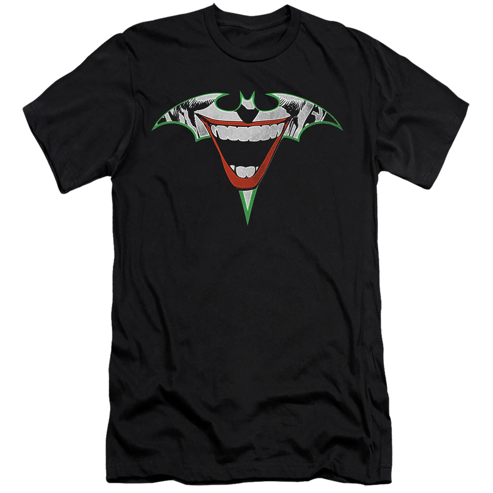 AN OFFCIALLY LICENSED BATMAN JOKER BAT LOGO MEN'S PREMIUM SLIM FIT T-SHIRT BLACK