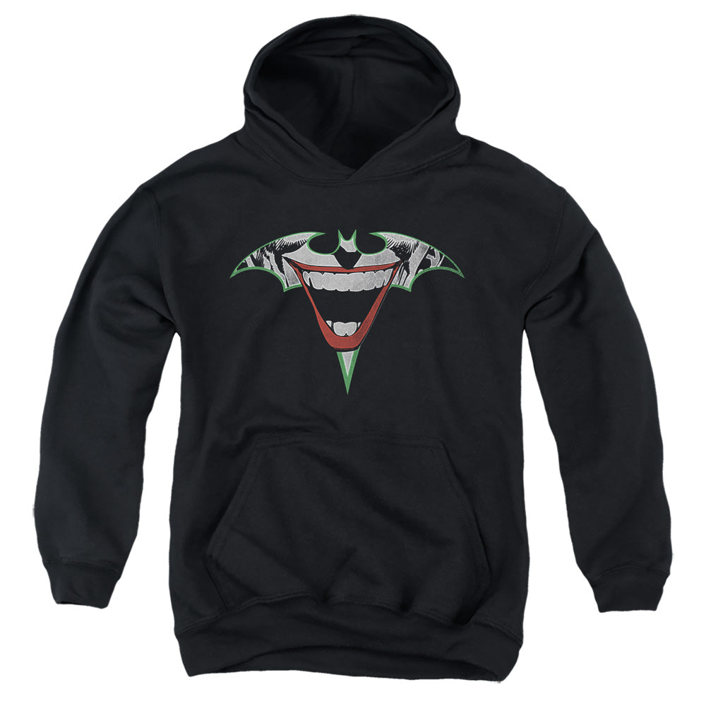 AN OFFCIALLY LICENSED BATMAN JOKER BAT LOGO YOUTH HOODIE BLACK