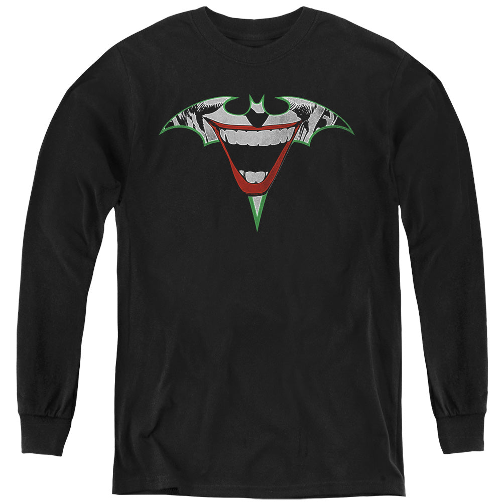 AN OFFCIALLY LICENSED BATMAN JOKER BAT LOGO YOUTH LONG SLEEVE T-SHIRT BLACK