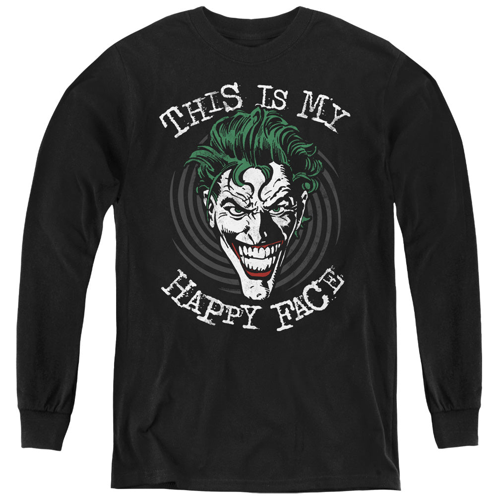 AN OFFCIALLY LICENSED BATMAN MANIACAL SPIRAL YOUTH LONG SLEEVE T-SHIRT BLACK