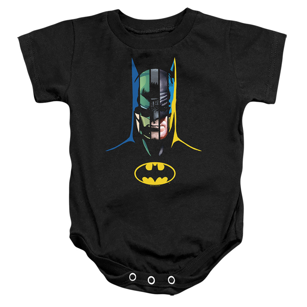 AN OFFCIALLY LICENSED BATMAN 80 YEARS MANY FACES BABY BODYSUIT BLACK