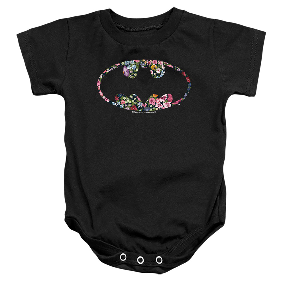 AN OFFCIALLY LICENSED BATMAN FLORAL LOGO BABY BODYSUIT BLACK