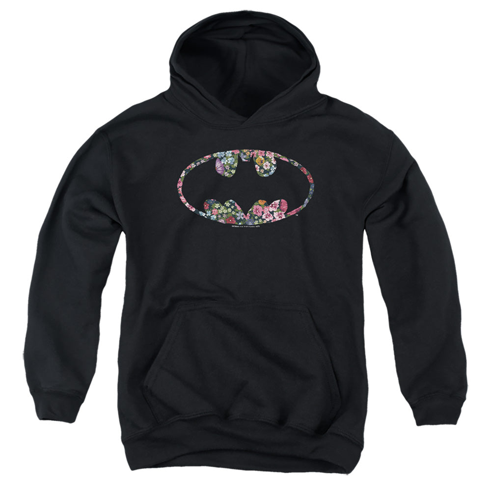 AN OFFCIALLY LICENSED BATMAN FLORAL LOGO YOUTH HOODIE BLACK