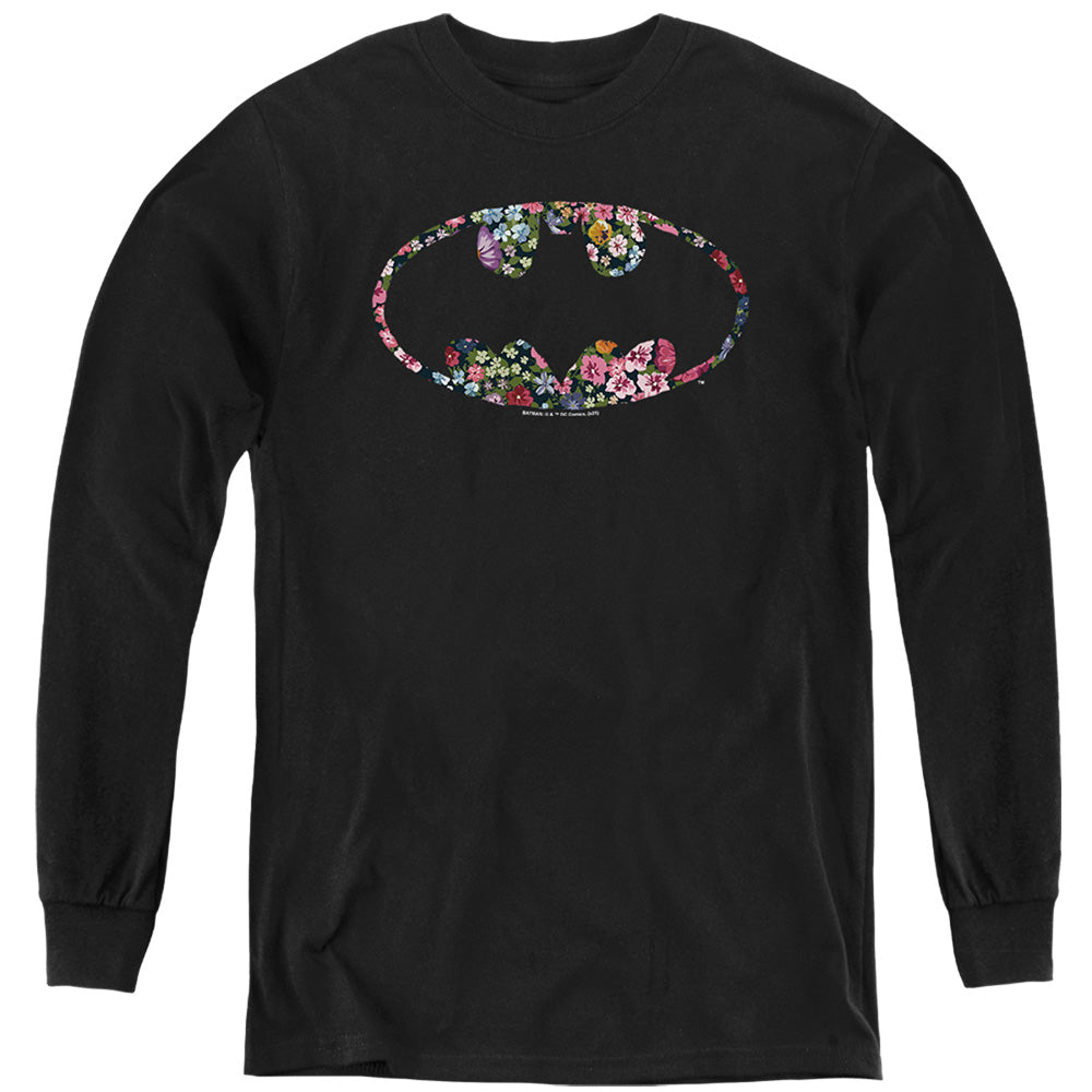 AN OFFCIALLY LICENSED BATMAN FLORAL LOGO YOUTH LONG SLEEVE T-SHIRT BLACK