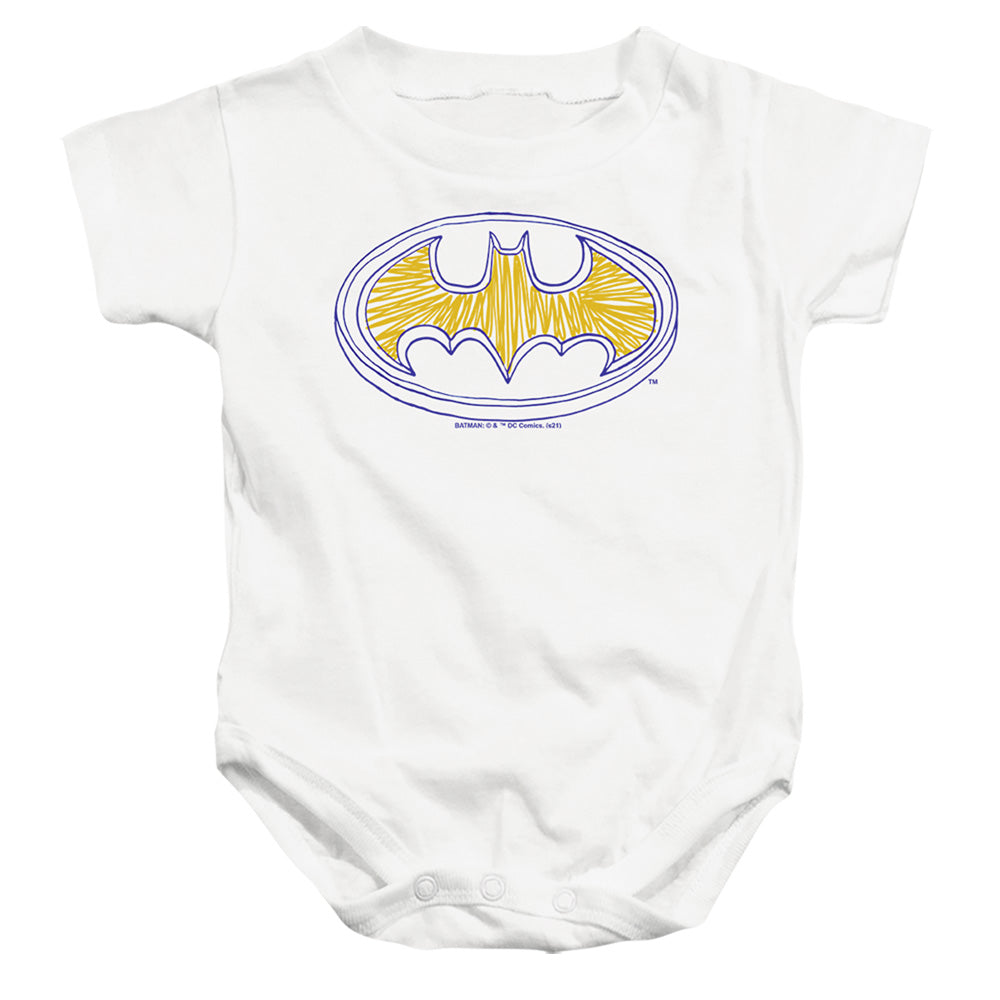 AN OFFCIALLY LICENSED BATMAN SQUIGGLY SYMBOL BABY BODYSUIT WHITE