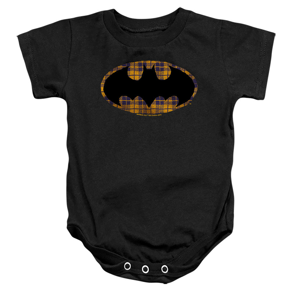 AN OFFCIALLY LICENSED BATMAN TORN PLAID LOGO BABY BODYSUIT BLACK