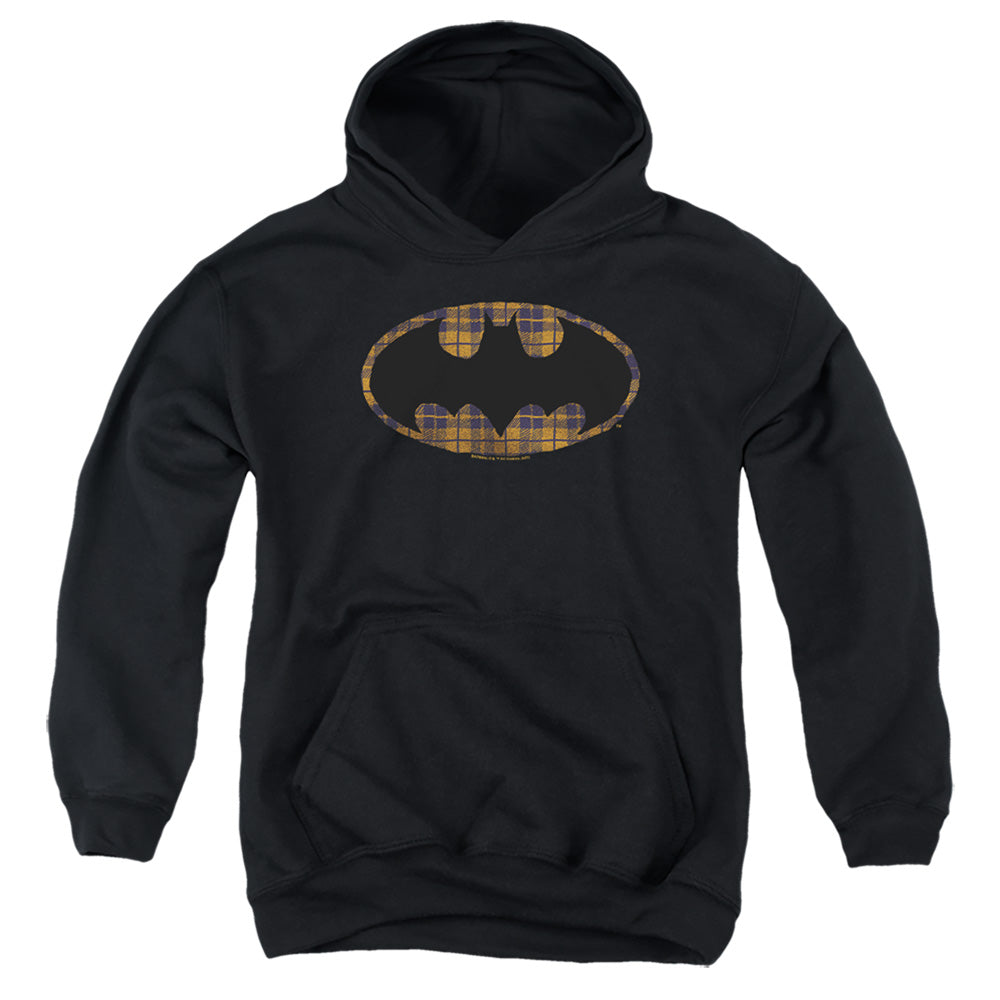 AN OFFCIALLY LICENSED BATMAN TORN PLAID LOGO YOUTH HOODIE BLACK