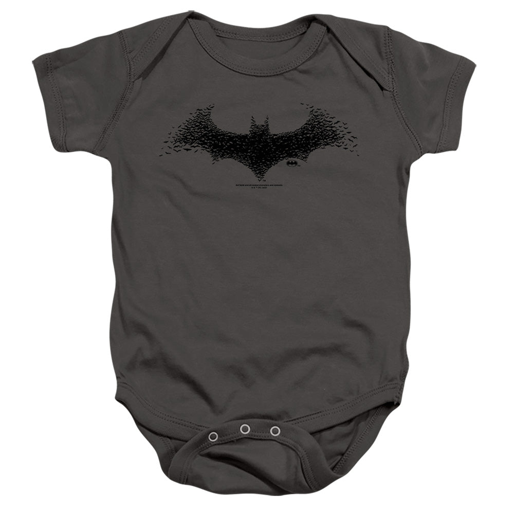 AN OFFCIALLY LICENSED BATMAN BAT LOGO 1 BABY BODYSUIT CHARCOAL