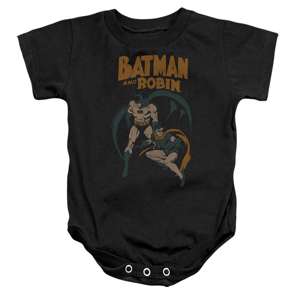 AN OFFCIALLY LICENSED BATMAN BATMAN & ROBIN VINTAGE 1 BABY BODYSUIT BLACK