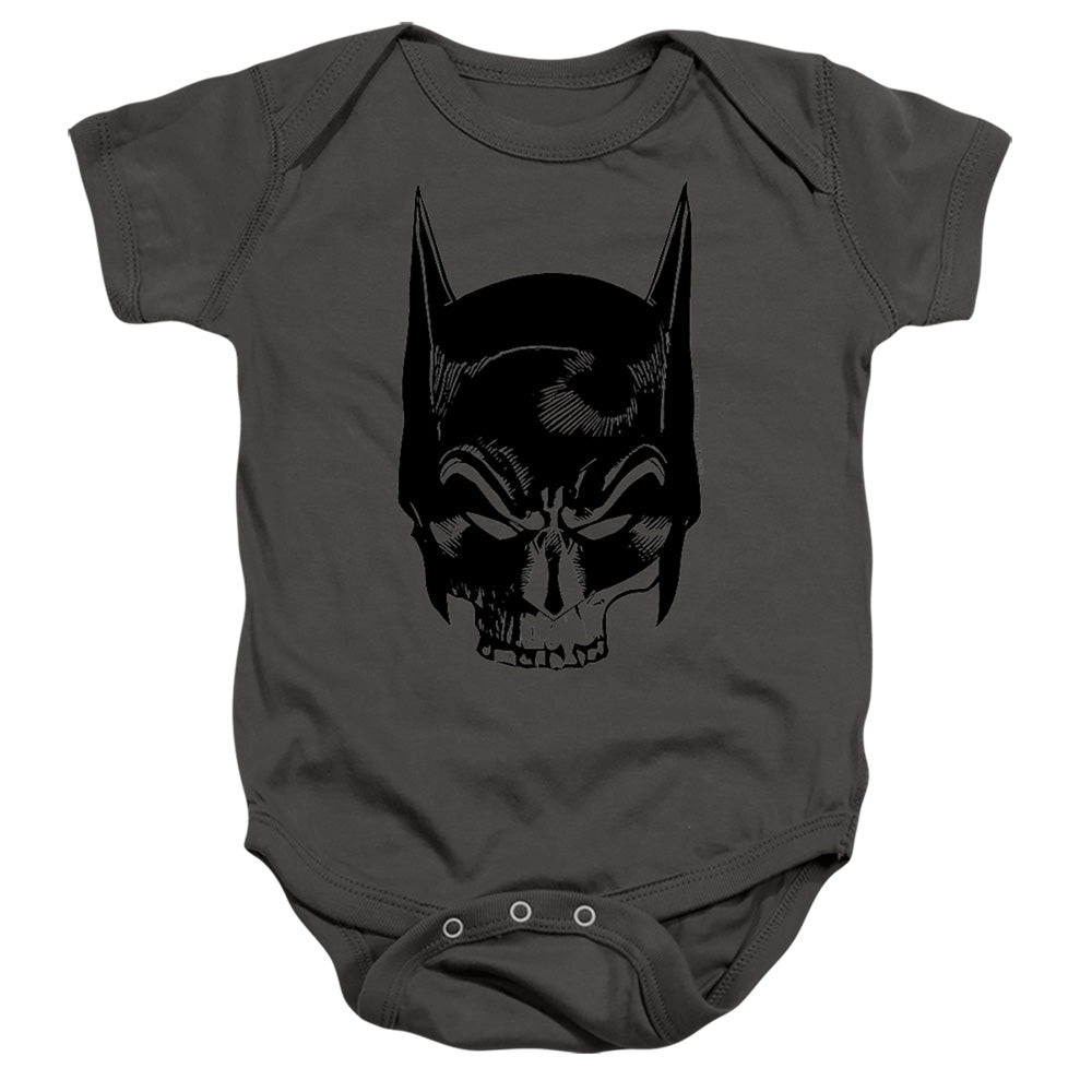 AN OFFCIALLY LICENSED BATMAN SKULL ON GRAY BABY BODYSUIT CHARCOAL