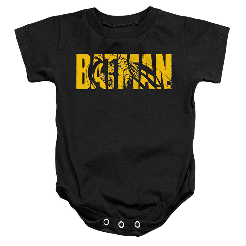 AN OFFCIALLY LICENSED BATMAN TEXT ON BLACK BABY BODYSUIT BLACK