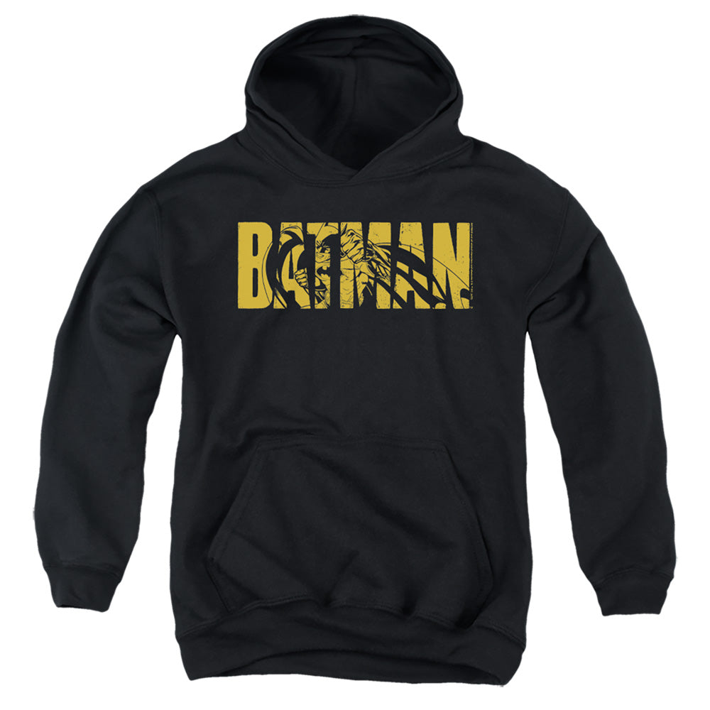 AN OFFCIALLY LICENSED BATMAN TEXT ON BLACK YOUTH HOODIE BLACK