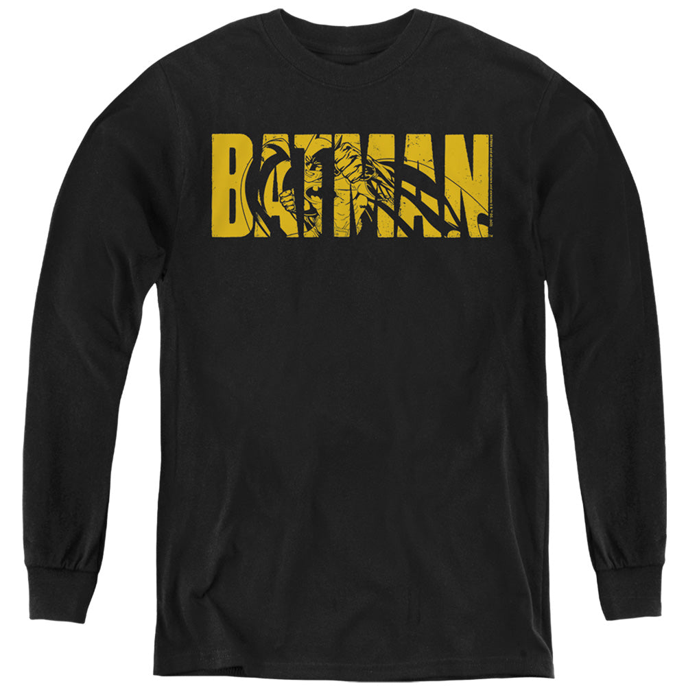 AN OFFCIALLY LICENSED BATMAN TEXT ON BLACK YOUTH LONG SLEEVE T-SHIRT BLACK