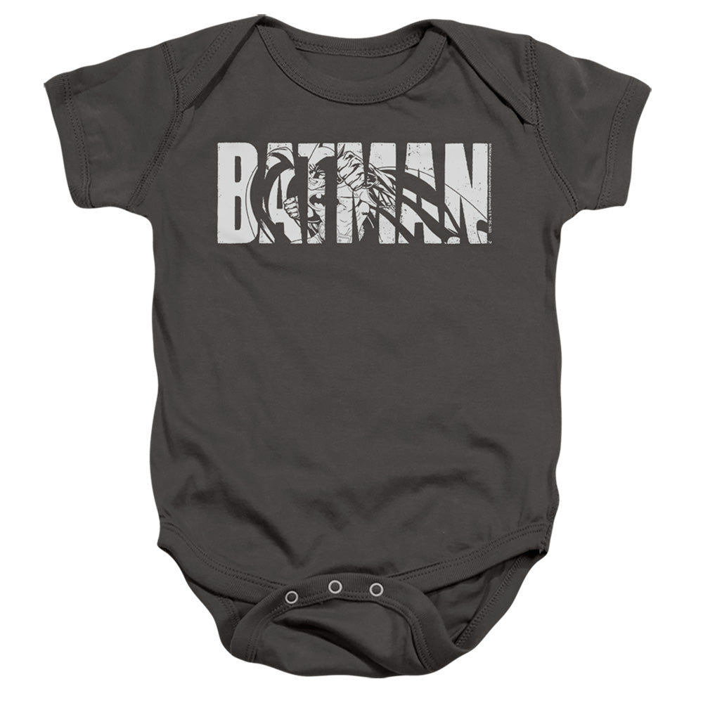 AN OFFCIALLY LICENSED BATMAN TEXT ON GRAY BABY BODYSUIT CHARCOAL