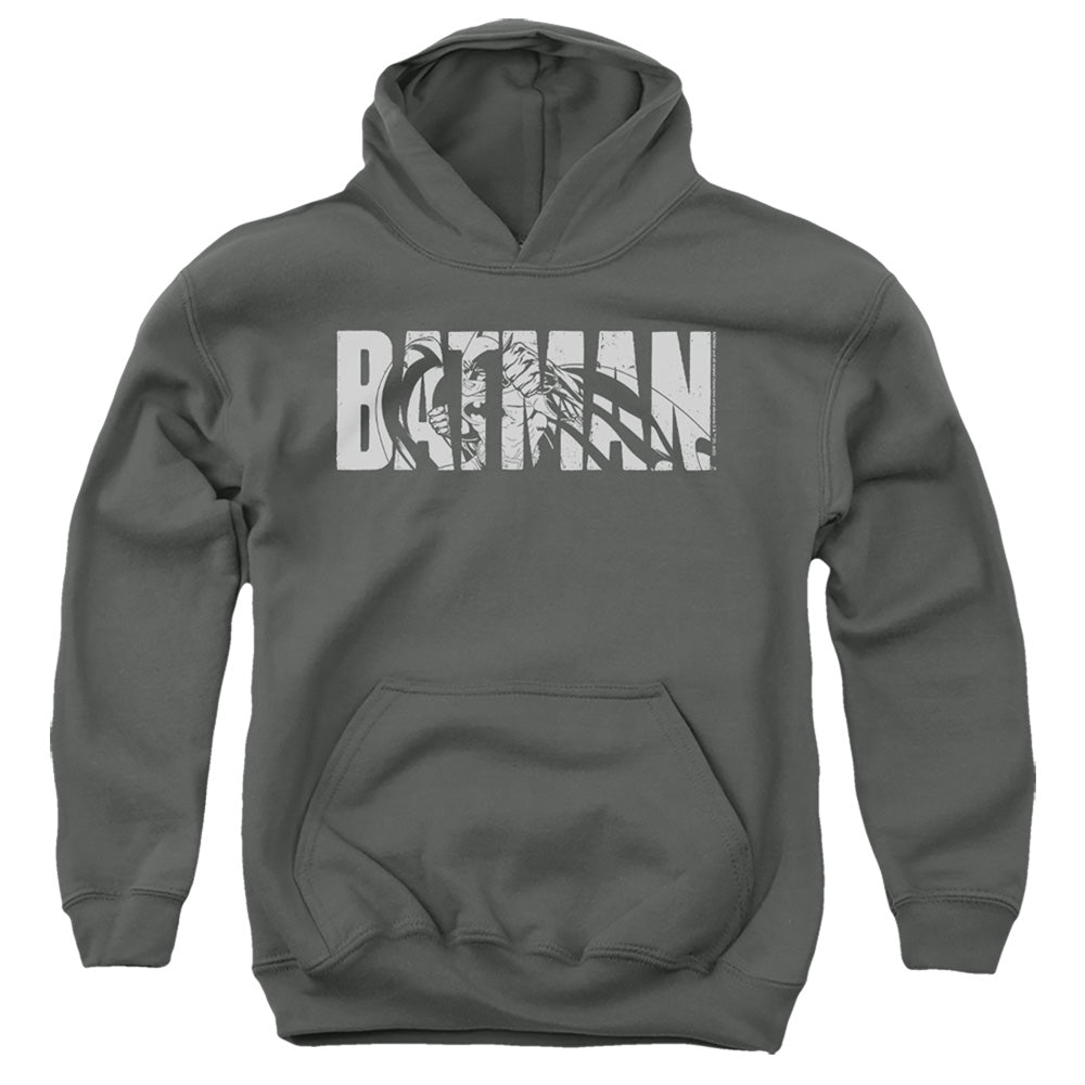 AN OFFCIALLY LICENSED BATMAN TEXT ON GRAY YOUTH HOODIE CHARCOAL