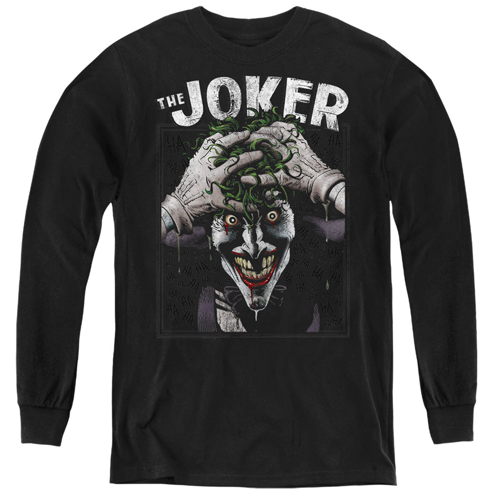 AN OFFCIALLY LICENSED BATMAN CRAZED JOKER YOUTH LONG SLEEVE T-SHIRT BLACK