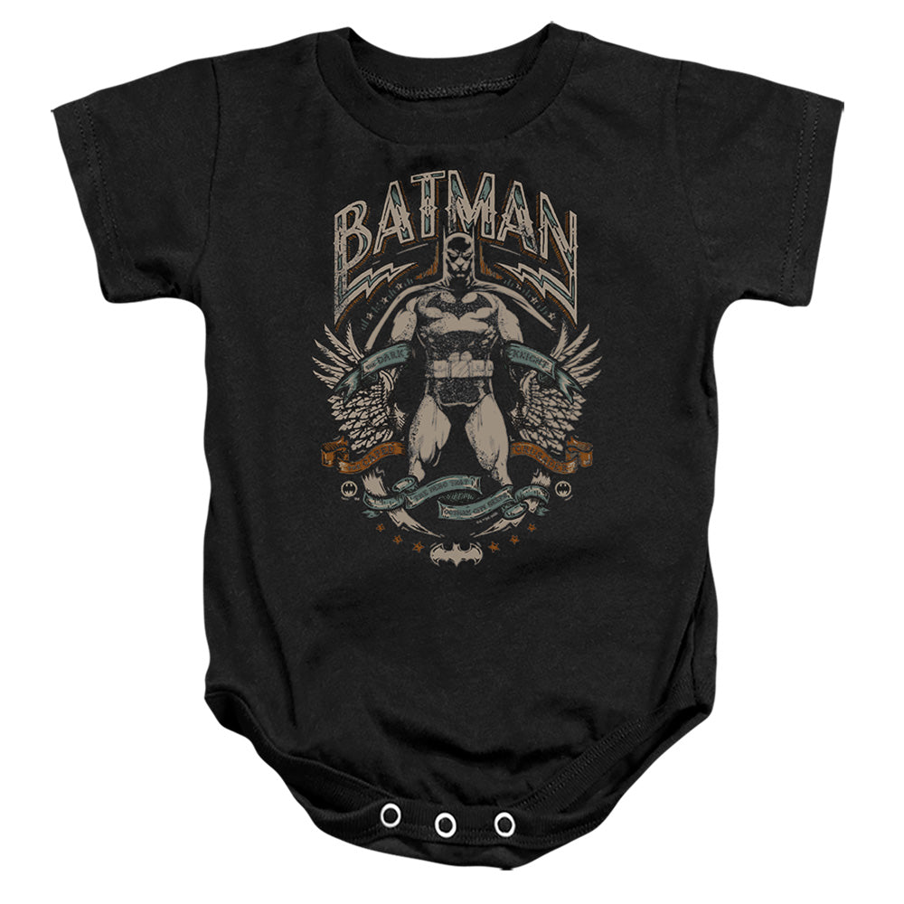 AN OFFCIALLY LICENSED BATMAN GOTHAM HERO ON BLACK BABY BODYSUIT BLACK
